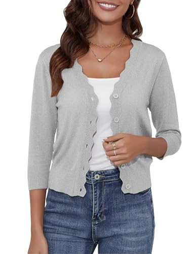 Image of Women's Cropped Cardigans 3 /4 Sleeve Button Down Lightweight Cardigan Sweaters Scalloped Edged Bolero Shrugs
