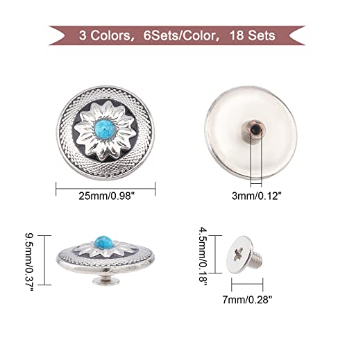 Ahandmaker 18 Set 3 Colors Alloy And Turquoise Craft Solid Screw Rivet, Vintage Metal Screw Button With Iron Findings, Flat Round Sunflower Decorative Buckle For Diy Luggage Leather Goods Accessories #TOP1