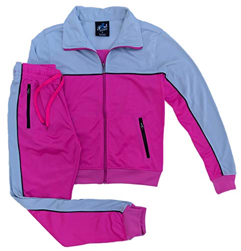 Women Two Tone Activewear Sports Jogger Track Set Gym Outfit (Pink/Grey, L)