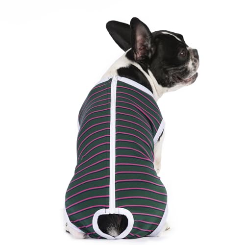 Image of Puppy Striped Recovery Suit for Female Male Dogs Cats,Zip Up Dog Onesie Recovery Shirt Abdominal Wounds,Professional Spay Neuter Dog Pet Bodysuit After Surgery Wear Anti Licking Wounds