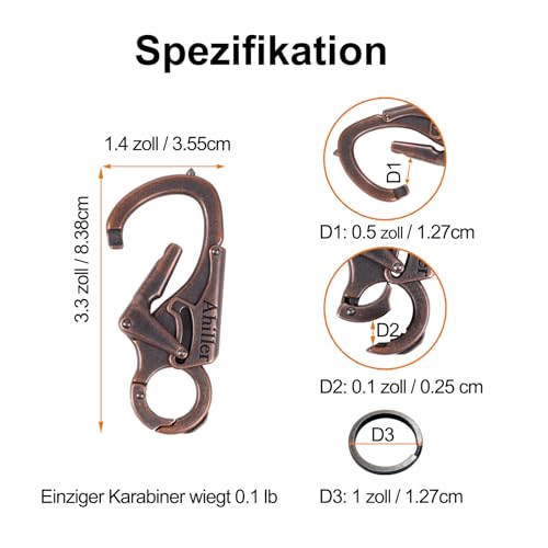 Ahiller Karabiner Schlüsselanhänger Karabinerhaken Clip, Doppelschloss entworfen - Wolfram Stahl Spike - 8cm Legierung Autos Schlüsselbund [Rotguss-1P]