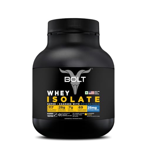 Image of Bolt 100% Whey Isolate Powder | 28g Protein Per Scoop, 7G BCAA | Alphonso Mango | 69 Servings | 5lb,2.268kg | Muscle Recovery | Lean Muscle Support | Fast Absorption | Gluten-Free | Easy to Digest
