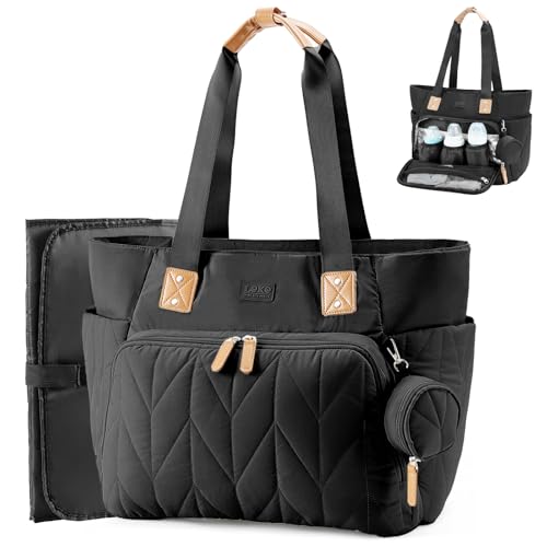 Lekesky Diaper Bag Tote Puffy Lightweight, Large Baby Diaper Bags for Mom Dad Travel Hospital Labor Delivery, with Changing Pad Pacifier Case (Black)