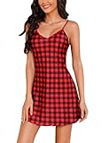 Litherday Women's Red Plaid Christmas Nightgown Satin Slips Silk Satin Chemise Nightwear Holiday Lingerie Dress Plaid M