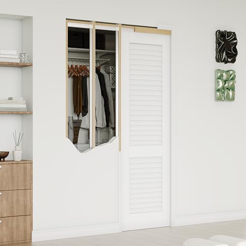 Image of 18 inch x 80 inch Sliding Pocket Door, Louvered Pantry Doors with Frame and Hardware Kit, Interior Door, White Primer Closet Doors - No Panel Assembly Required
