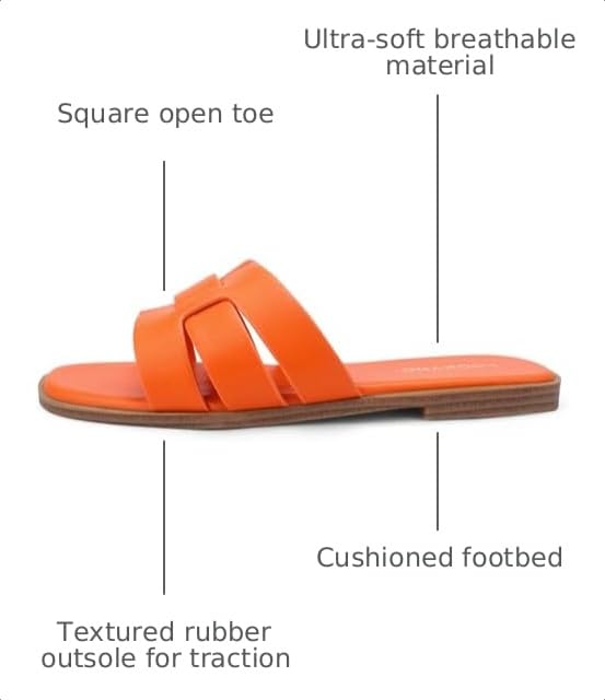 Image of Flat Sandals for Women Comfortable Slip On Dressy Summer Leather Slides with Square Open Toe