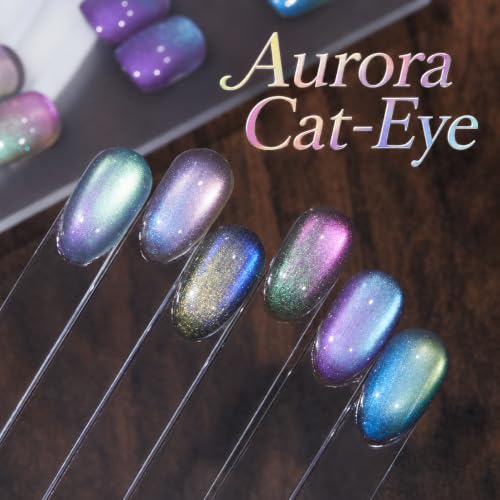 Image of AZUREBEAUTY HEMA-Free 15ML 6 Colors Aurora Cat Eye Gel Polish Set | Galaxy Holographic Nail Gel, Matching Color Bottles with Swatch Card, Soak-Off UV LED Gel for DIY Salon