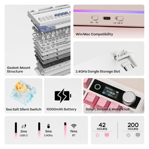 Image of EPOMAKER TH99 PRO 96% Mechanical Keyboard with Screen & Knob, 10000mAh, 2.4Ghz /BT, Hot Swap, Custom Driver, RGB Backlight, PBT Keycap, Wireless Gaming Keyboard for PC /Mac (Pink, Sea Salt Silent)