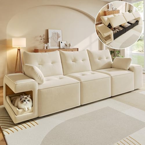 KOMHTOM - Sofá de 3 plazas modular de terciopelo beige con nicho para gato, apoyabrazos grande, baúl de almacenamiento integrado, mueble salón apartamento (beige crema-3)
