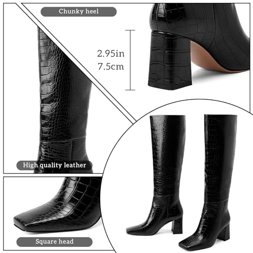 GOSERCE Women's Black Knee High Square Toe Chunky Heel Faux Crocodile Boots4