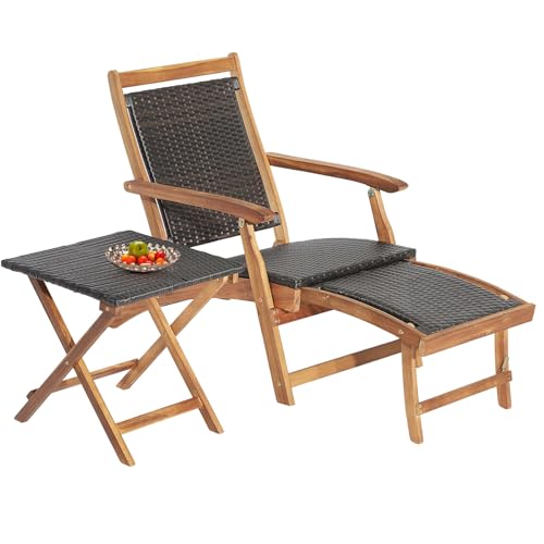 LIFEZEAL Akazienholz Sonnenliege mit Klapptisch, Rattan Liegestuhl mit Armlehnen, Gartenliege Deckchair mit ausziehbaren Fußpedalen, Balkonliege für Garten Terrasse Balkon, Schwarz+Natur