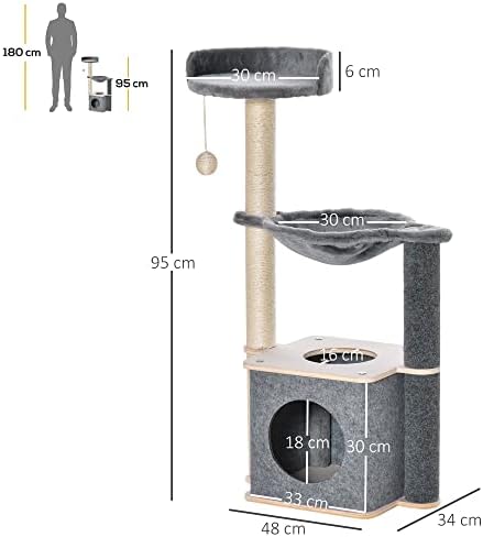 PawHut Cat Tree for Indoor Cats 95cm Climbing Tower Kitten Activity Center with Sisal Scratching Post Perch Roomy Condo Hammock Removable Felt Hanging Toy, Grey