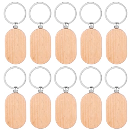 AUEAR, Blank Wooden Key Chain Wood Keychain Ring Tags Personalized EDC or Best Gift Craft (Round Rectangle, 10 Pack)
