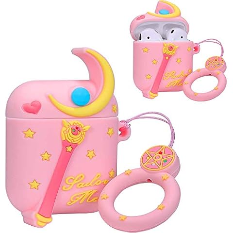 HengJun AirPods 1 & 2 Case Soft Silicone Pink Sailor Moon Magic Wand Cover with Strap for Apple AirPods 1 & 2 3D Cartoon Protective Case - Magic Wand Cover