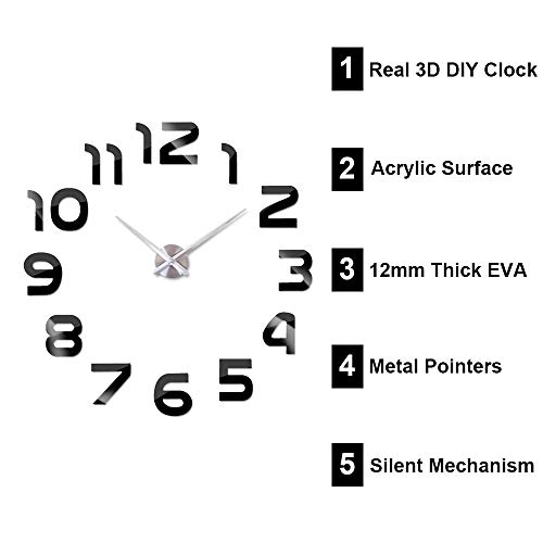 Horloge murale 3D acrylique miroir grand format numérique argent