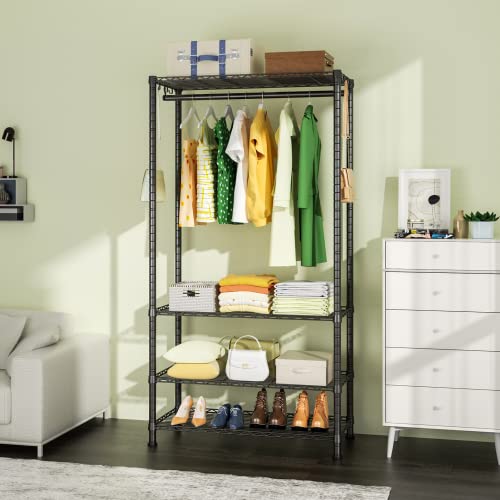 Ulif Heavy Duty Garment Rack, 4 Tiers Adjustable Free-Standing Entryway Coat Rack With Shoe Storage Shelf And Hooks, Clothes Storage Rack Wardrobe, 25.6"L X 14.5"D X 72.8"H, Max Load 480 Lbs, Black #TOP1