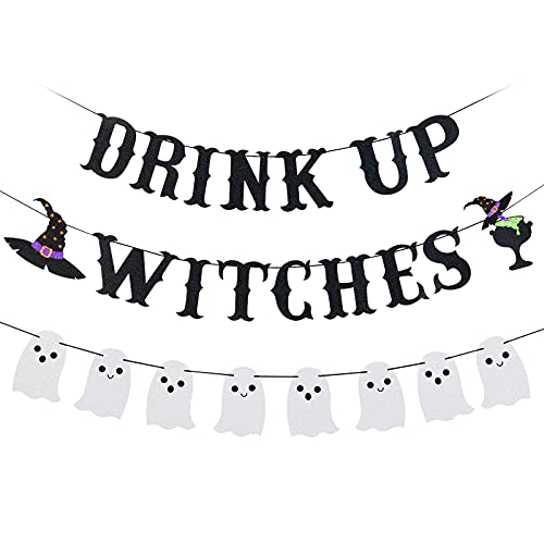 Drink Up Witches Banner Black Glitter and Glitter Ghost Garland- Drink Up Witches Decorations,Ghost Decorations,Halloween Party Decorations,Hocus Pocus Party Decorations,Witch Decorations