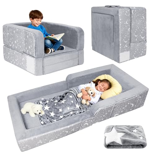 Portable Toddler Travel Bed, 2 in 1 Foldable Toddler Bed Sofa Chair, Soft Baby Kids Travel Floor Beds with Washable Cover, Blanket, Safety Foam Raised Bumper for Camping Hotel Grandma’s House Sleeping