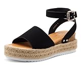 Shoe Land Legossa Womens Platform Sandals Ankle Strap Espadrilles Comfortable Open Toe Flatform Wedge Casual Sandal Black White Tan Platform Sandals for Summer, 1825/Black, Size 8.0