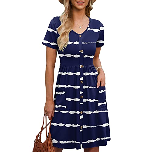 Vestido de verão feminino, manga curta, abotoado, comprimento até o joelho, vestido de verão, vestid