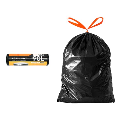 TARUNMO 23+Gal Kitchen Trash Bags Heavy Duty,Red Drawstring for Home Or Camp,90L Unscented Black 70X80cm,Pack of 20