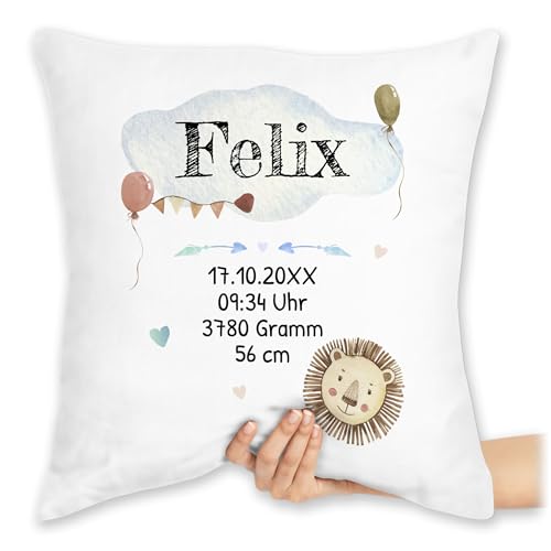 Kissen 40x40 Zierkissen - Geburtsgeschenk Baby Geschenk zur Geburt Junge Löwe - 40 x 40 cm - Weiß - personalisierte Babygeschenk neugeboren Name Pillow geburtskissen Neugeborene Geschenke