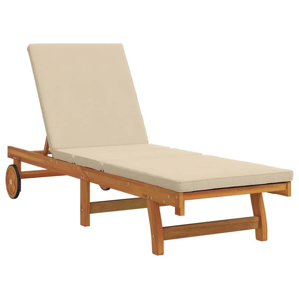 vidaXL Lettino Soleggiato Regolabile con Ruote in Legno di Acacia Marrone e Beige, Resistente alle Intemperie, Perfetto per Uso Esterno, Confortevole per Giardino e Patio, Capacità per 1 Persona, Re