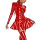 Moinha Damen Lederkleid Sexy Kurz PU Leder Kleid Langarm Wetlook Minikleid Ausgestellt Faltenrock Partykleid Nachtclub Kleid mit Vorne Reißverschluss Figurbetont Lack Leder Kleid Bodysuit Rot