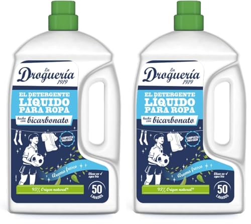 LA DROGUERIA - Detergente Líquido con Bicarbonato 2.27 L – Quitamanchas Potente – Eficaz en Agua Fría – Sin Colorantes – Para Pieles Sensibles – 95% Ingredientes Naturales – Aroma Fresco