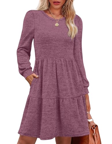 OFEEFAN Womens Fall Fashion 2025 Crew Neck Long Sleeve Winter Babydoll Maternity Sweater Italian Dresses for Women Casual Fall Dress Clothes Teacher School Outfits Purple XL