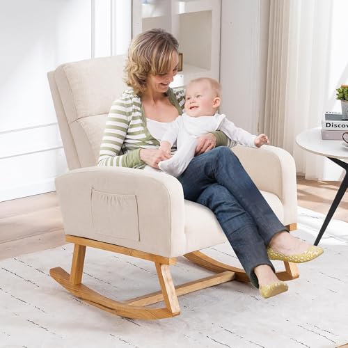 Image of HCHAIRH Rocking Chair Nursery, Nursing Rocker Chairs with High Backrest, Modern Glider Rocking Chair for Mom Nursery, Living Room, Bedroom, Beige