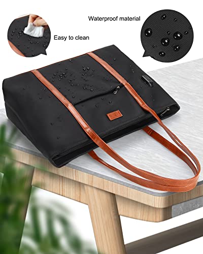 Laptop Tote Bag For Women Teacher Work Office Usb Bags Fits 15.6 Inches Laptop Lightweight Water Resistant Nylon Tote Bag (Black And Brown Strap) #TOP4
