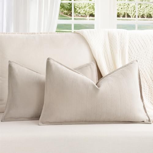 ZWJD Beige Lumbar Pillow Covers 12x20 Set of 2 Chenille Throw Pil...