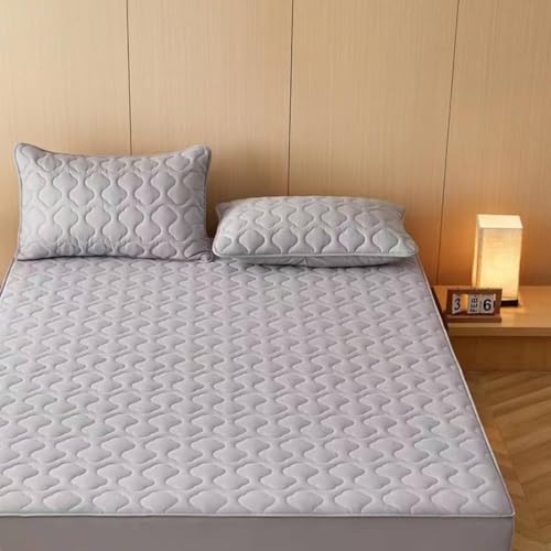 Hoisy Juego de 3 Piezas Sábana Ajustable de Algodón Suave, Color Sólido con Patrón Geométrico, 120 x 190 CM + 2 Fundas de Almohada, Bajera Ajustable Gris