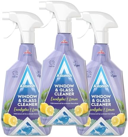 Astonish Streak Free Window & Glass Cleaner 3 Pack Spray Bottles With Vinegar For Deep Cleaning - Eucalyptus & Lemon Scented Home & Bathroom Cleaner - Cruelty Free Household Cleaning Supplies