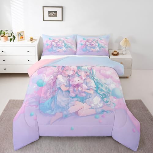 Image of Erosebridal Anime Girl Kids Bedding | Girly Friendship Queen Comforter Sets,Fantasy Dreamy Girls Comforter Romance Ballons Duvet Insert with 2 Pillow Cases