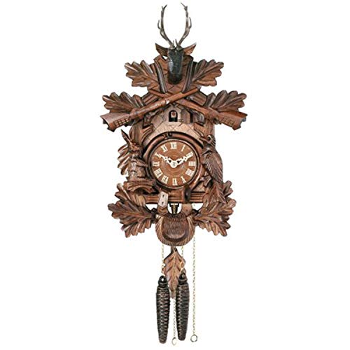 River City Clocks One Day Hunter's Cuckoo Clock with Hand-Carved Oak Leaves, Animals, Crossed Rifles, and Buck - 16 Inches Tall - Model # 19-16