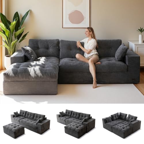 Image of MAXYOYO 96 inch L Shaped Modular Sectional Sofa with Ottoman, Cloud Boneless Couch with Layered Cushion, Upholstered Sofa in a Box, Flexible Module Combination for Living Room, No Assembly, Dark Grey
