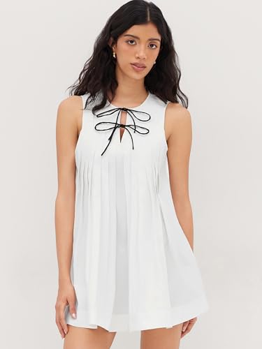 CIDER Babydoll Mini Dress Casual Tie Front Bow Pleated Short Sleeve Low Waist Crew Neck Dresses2
