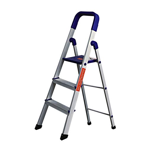 Image of Branco 3 Step Ladder for Home Use | Foldable Aluminium Ladder for Home with Scratch Resistant | Anti Skid Shoes and Extra Strong Wide Steps | Home Pro 3 Steps - GEC-L3 (Silver & Blue)