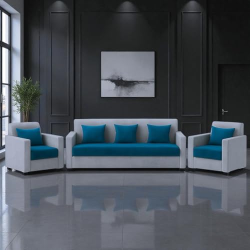 Image of FURNY Rion 5 Seater Fabric 3+1+1 Sofa Set (Aqua Blue-Light Grey) Premium Velvet Finish | Durable & Comfortable | Ideal for Living Rooms