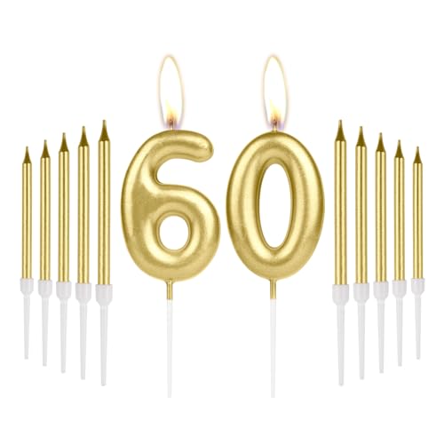 iNINGER Gold 60th Birthday Number Candles,Gold Long Stick Candles,Number 60 Candle Cake Cupcake Toppers for Girl Boy,Gold Candles for Cake,Birthday Party Wedding Anniversary Decorations, BS-ZGJS60