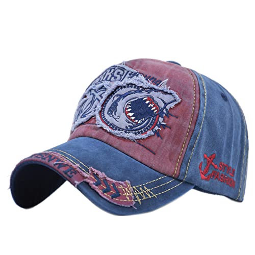 Image of Vintage Baseball Cap Denim Embroidered Shark Trucker Hat Retro Frayed Edge Sunhat 100% Cotton Outdoor Cap Unisex