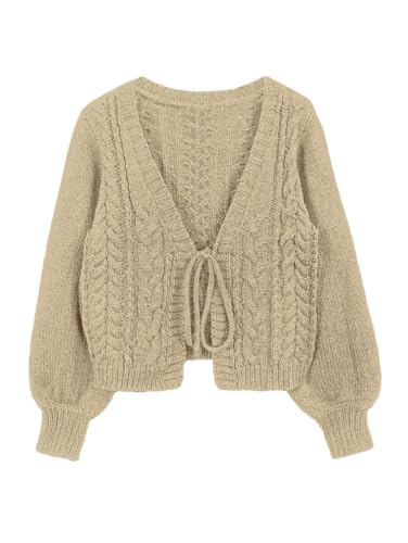Image of SKAYS Womens Tie Front Bow Cardigan Sweaters Cropped Cable Knit Cardigans Trendy Fall Long Sleeve Outerwear