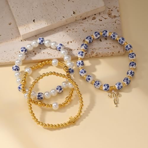 Beads Bow Charm Bracelet Set for Women Cross Flower Bow Stretch Bracelet 18K Gold Pearl Beaded Jewelry Gift 7