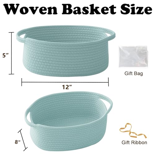 Image of Woven Rope Basket - Baby Gift Basket with Bag & Ribbon, Aqua