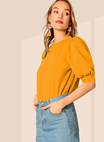 Image of Dream Beauty Fashion Women's Puff Sleeve Round High Neck Top Balloon Bishop Sleeve Elegant Casual Tee (23 inch Inches)- (Top Sofia P)