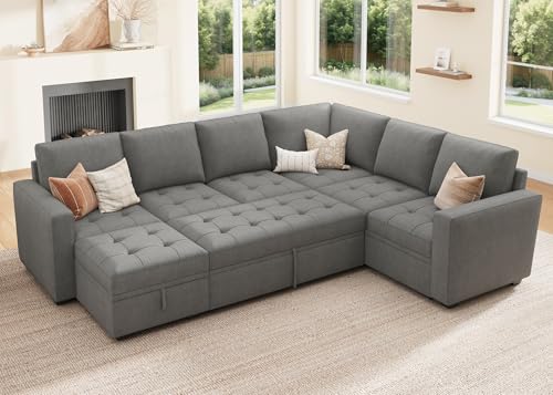 HONBAY Modular Sectional Couch with Pull Out Bed, Modular Sleeper Sofa with Storage,U Shaped Sectional Couches for Living Room,Warm Grey