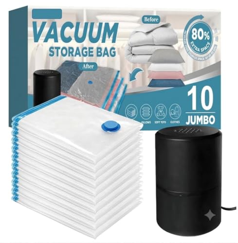 Image of Vacuum Storage Bags with Electric Pump, 10 Pack Jumbo, Space Saver Bags with Pump, Storage Vacuum Sealed Bags for Clothes, Comforters, Blankets, Bedding