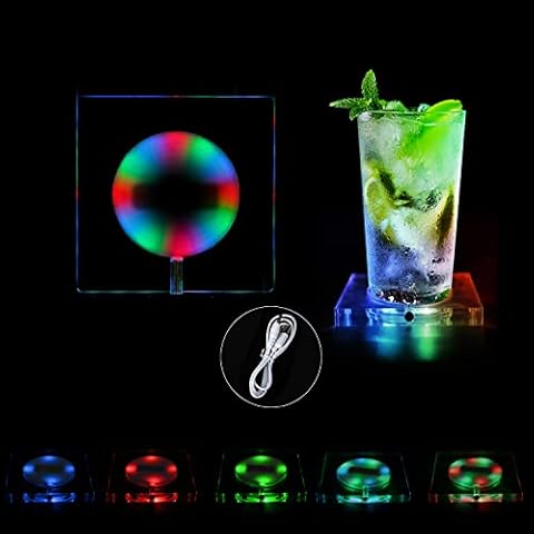 MEDOYOH 1 Pack Square LED Coasters for Drinks, Colour Changing USB Rechargable Light Up Coasters with 6 Light Modes, LED Beer Cocktail Coasters for Party Wedding Engagement Home Bar Christmas Pub Cover